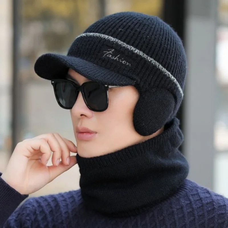 2022 Winter Beanie Hat for Men Knitted Hat Winter Cap Beanie Women Thick Wool Neck Scarf Cap Balaclava Mask Bonnet Hats Set