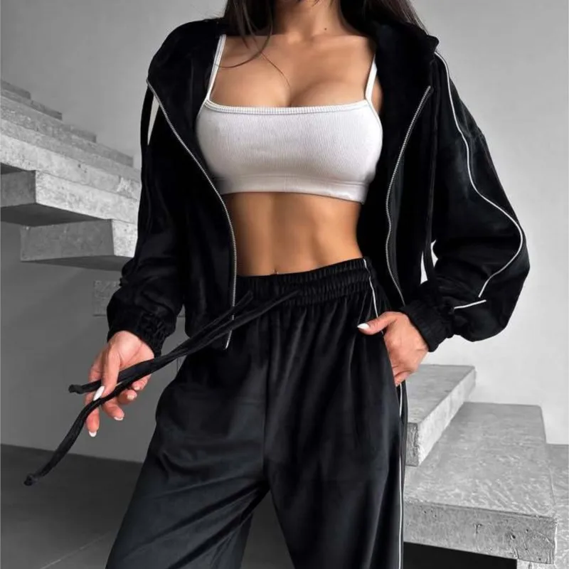 

2025 New Women's Velvet Striped Hooded Zip-Up Cardigan & Drawstring Wide Leg Pants Two-Piece Athleisure Tracksuit