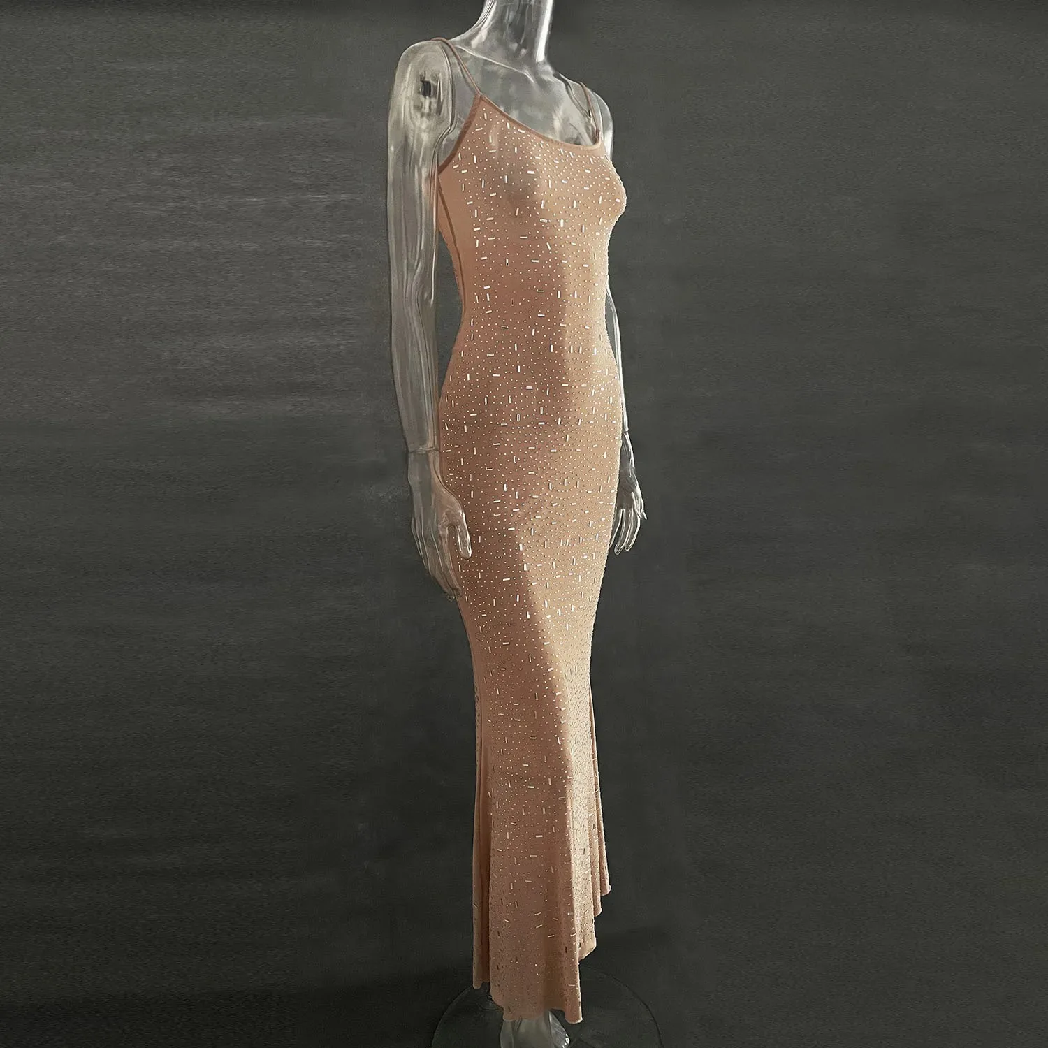 Vestidos de fiesta de noche con diamantes de imitación de malla brillante, vestido largo ajustado para mujer, vestido largo Sexy transparente con lentejuelas para verano 2025