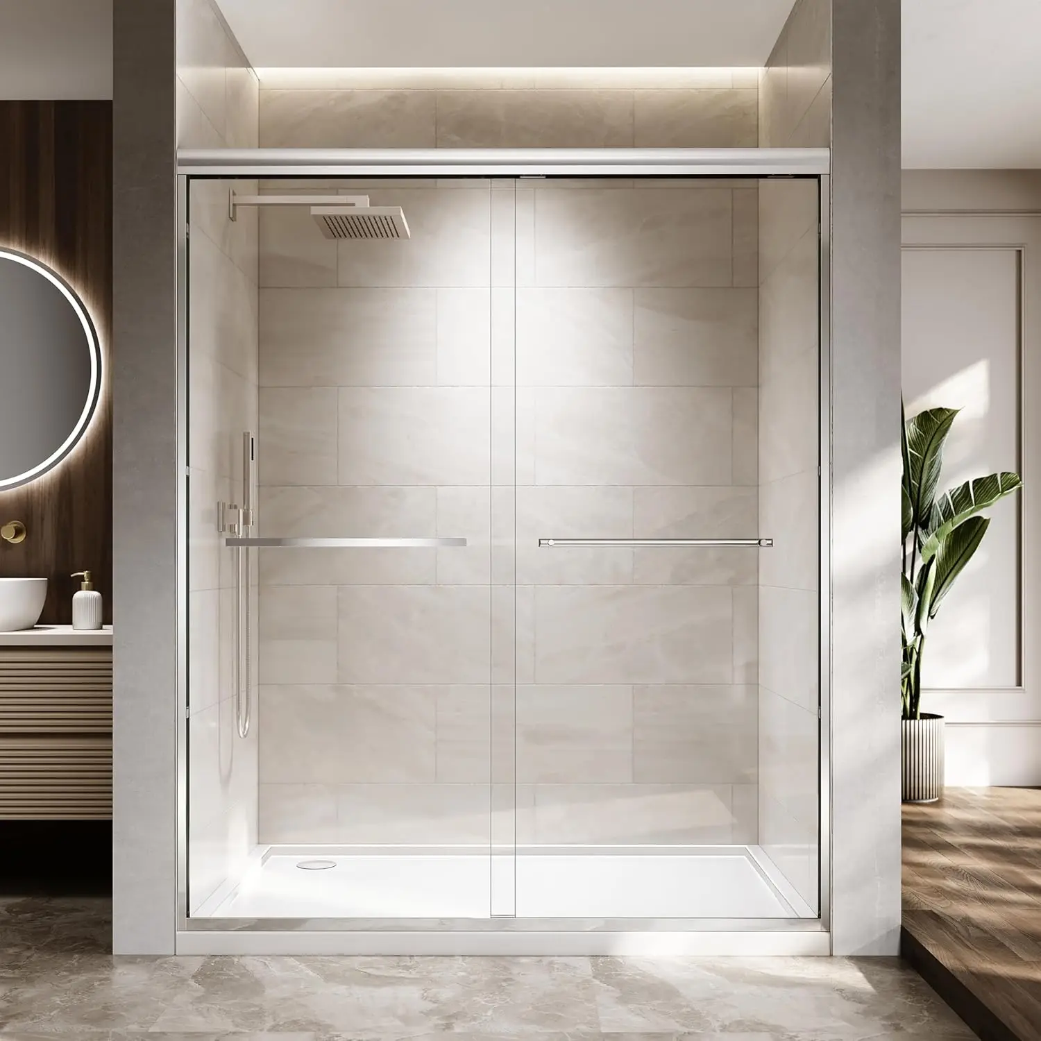 

56-60" W x 72" H Semi-Frameless Bypass Sliding Shower Door, Easy-to-Clean Treated Clear Tempered SGCC Glass, Polished Chrome