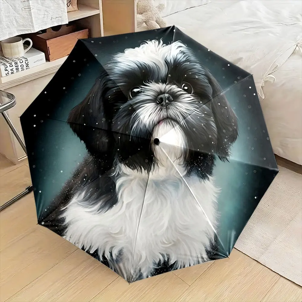 

Складной зонт с изображением собаки породы ши-тцу и снежинок, на темном зимнем фоне. Креативный портативный складной зонт для Рождества и Хэллоуина.