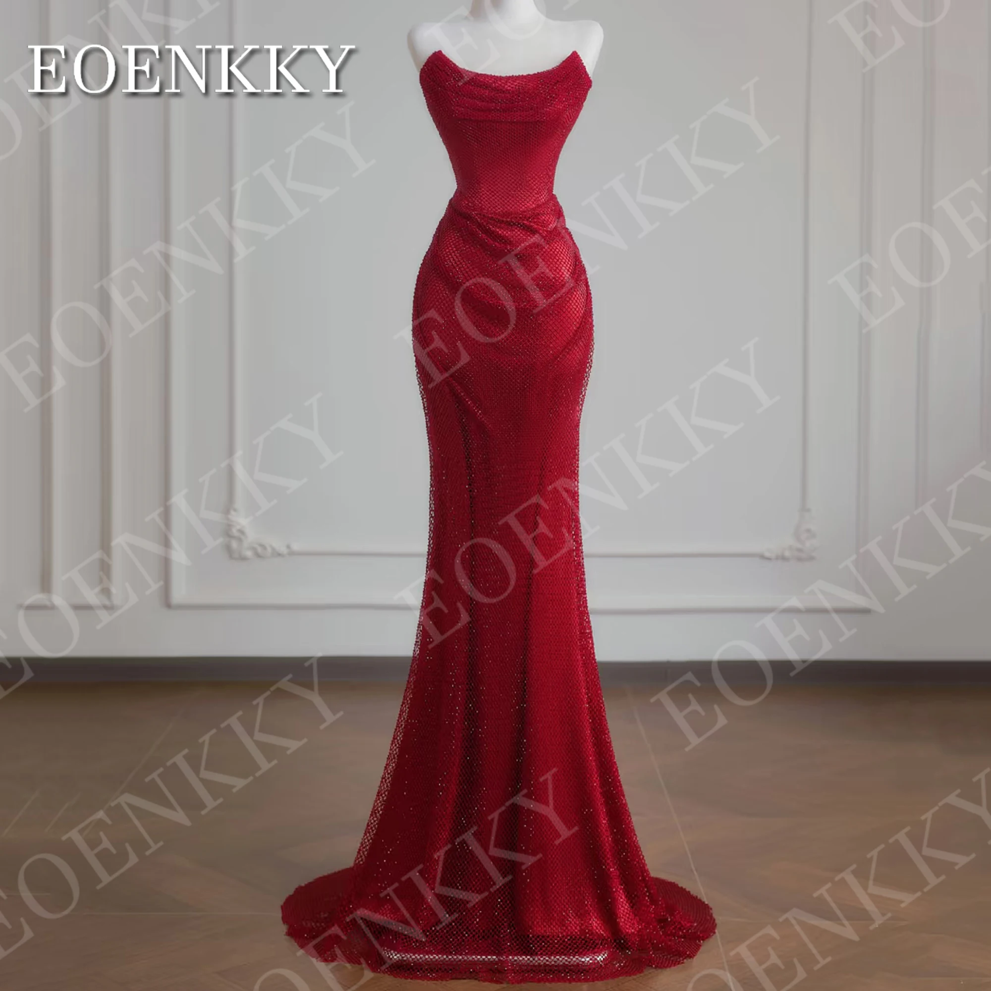 

EOENKKY Mermaid Strapless Prom Dresses Woman Luxury Beaded Sleeveless Pleats Red Carpet Party Dress Customized платье выпускной
