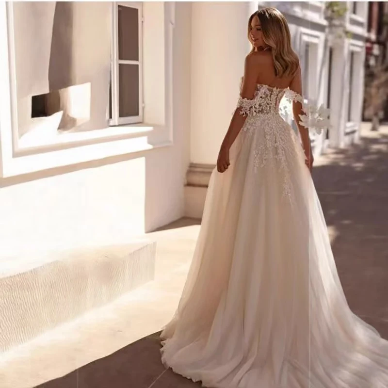 فساتين زفاف بسيطة مزينة بطيات عصرية مخصصة للشاطئ للنساء 2025 أنيقة على شكل حرف a طول الأرض مفتوحة الظهر فساتين بريدا #2