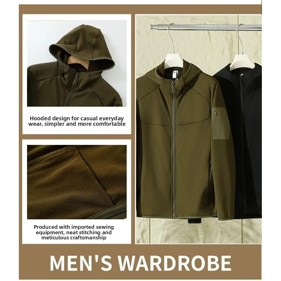 Men's Outdoor Hooded Fleece Jacket Warmth Integrated Velvet Lightweight Autumn Winter Style Zipper Versatile Coat Standard Fit