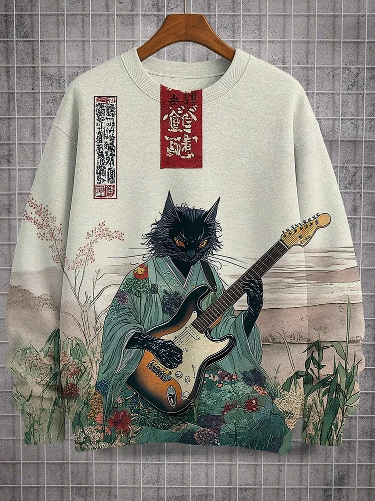 الرجال كيمونو القط العزف على الجيتار الزهور اليابانية الفن طباعة بلوزة غير رسمية عطلة الخريف 2025 طويلة الأكمام س الرقبة البلوفرات 7 #1