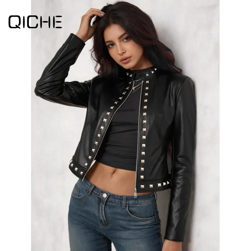 QICHE 2026 Women Studded PU Leather Moto Jacket Stand Collar Zip Up Short Biker Coat