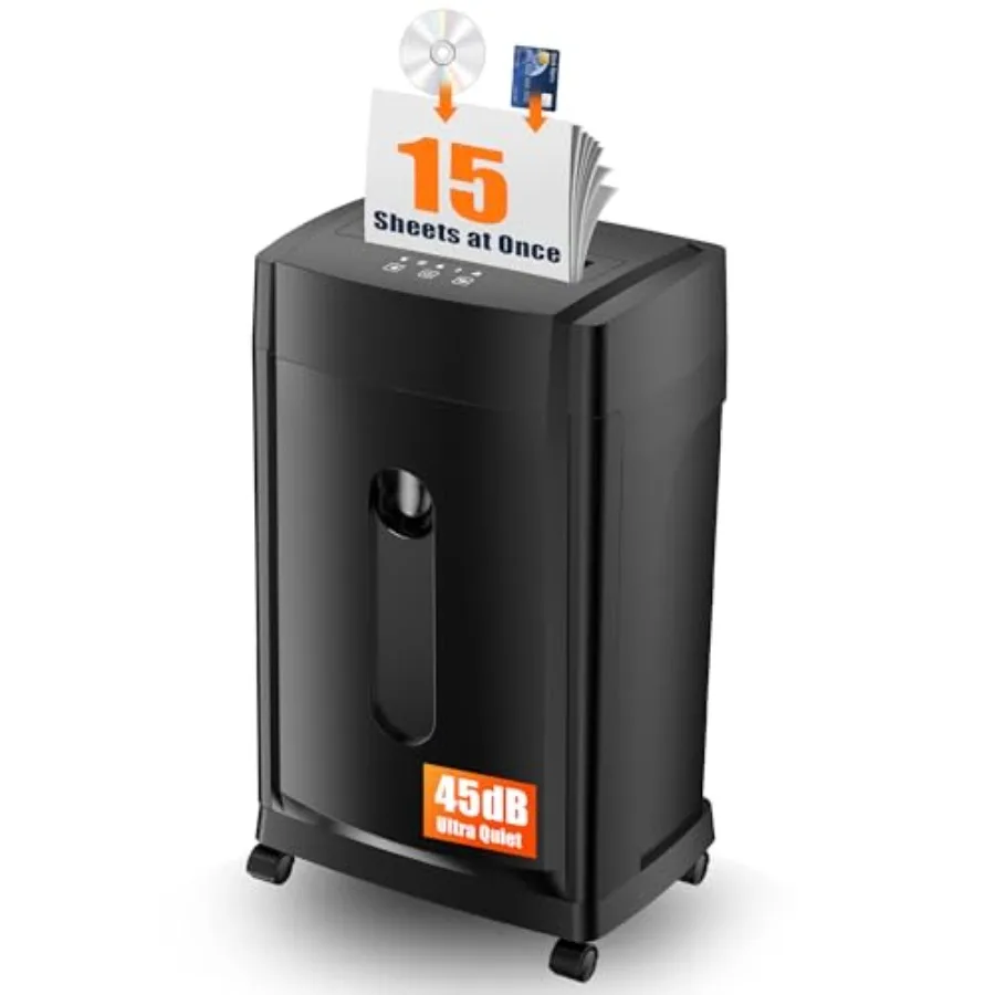 

KRT Ultra-Quiet Paper Shredder 45dB30 Min Run Time 15 Sheet Cross-Cut 4x38mm for Office/Home 8 Gal Pullout Bin with Casters Shr