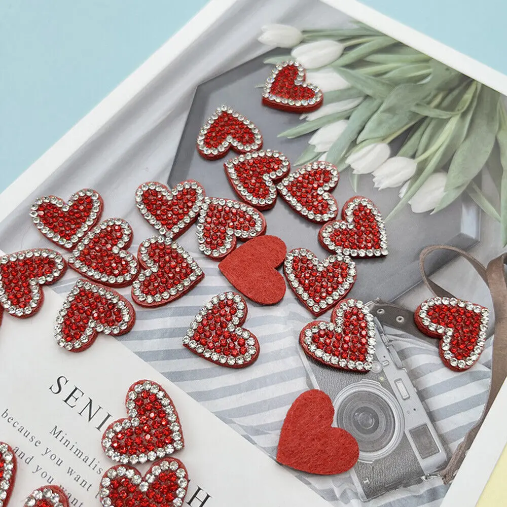 10x Small Red Heart Patch Rhinestone DIY Hair Accessories Clothing Sewing Patch