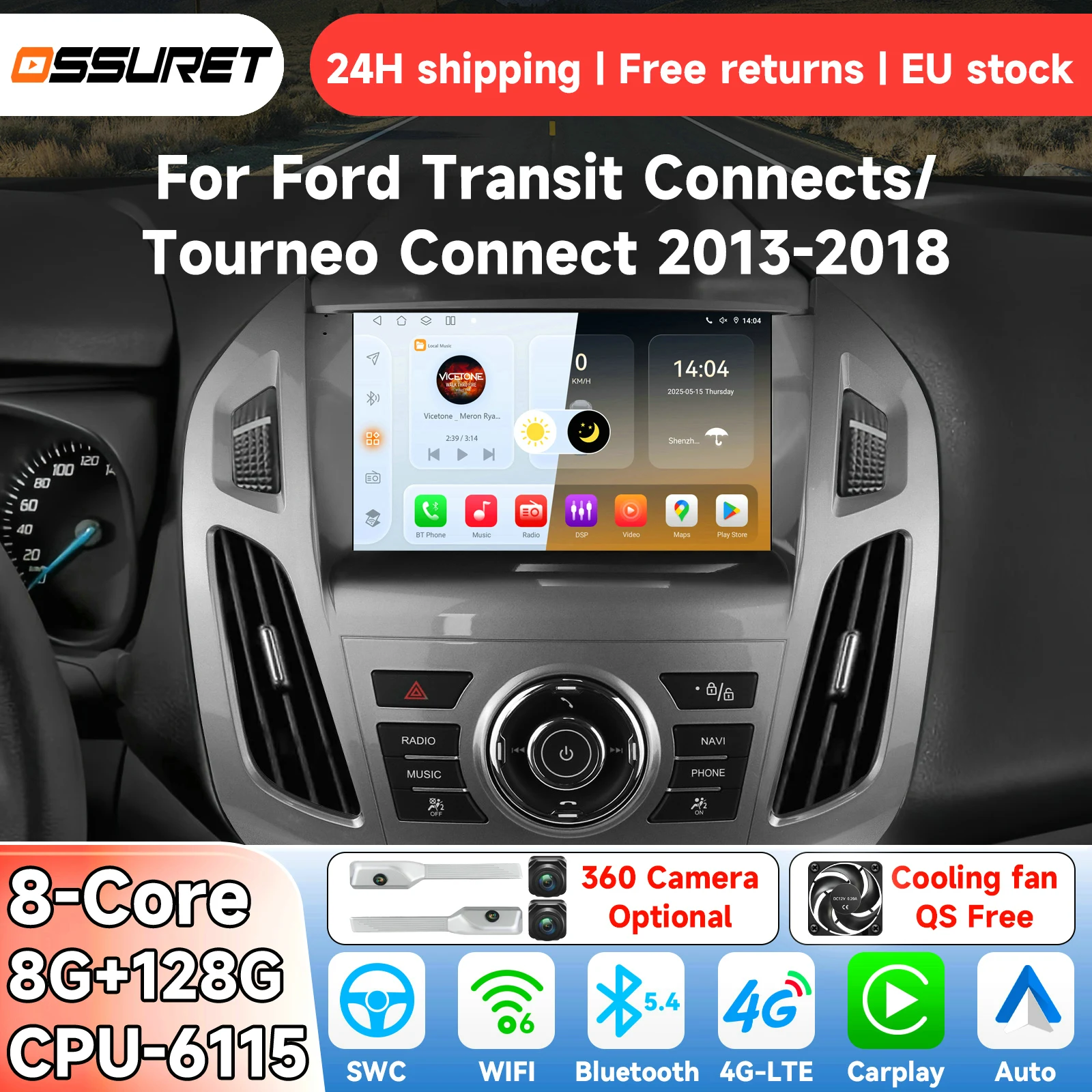 OSSURET AI Android 14 Car Radio For Ford Transit Tourneo Connect 2013 - 2018 Intelligent System Carplay auto Multimedia Video Player GPS 4G 6115