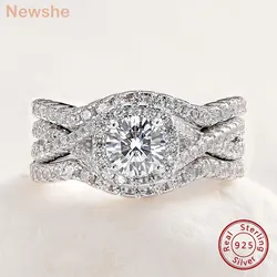 Newshe 3 Pieces  Solid 925 Sterling Silver Engagement Ring Set for Women Round Cut High Grade AAAAA CZ Wedding Bands