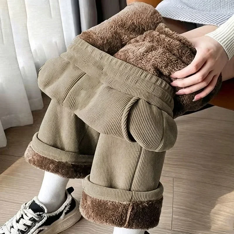 Winter Female High Waist Solid Plush Slacks Girls Snow Warm Fleece Casual Pants Women Fashion Baggy Straight Leg Trousers