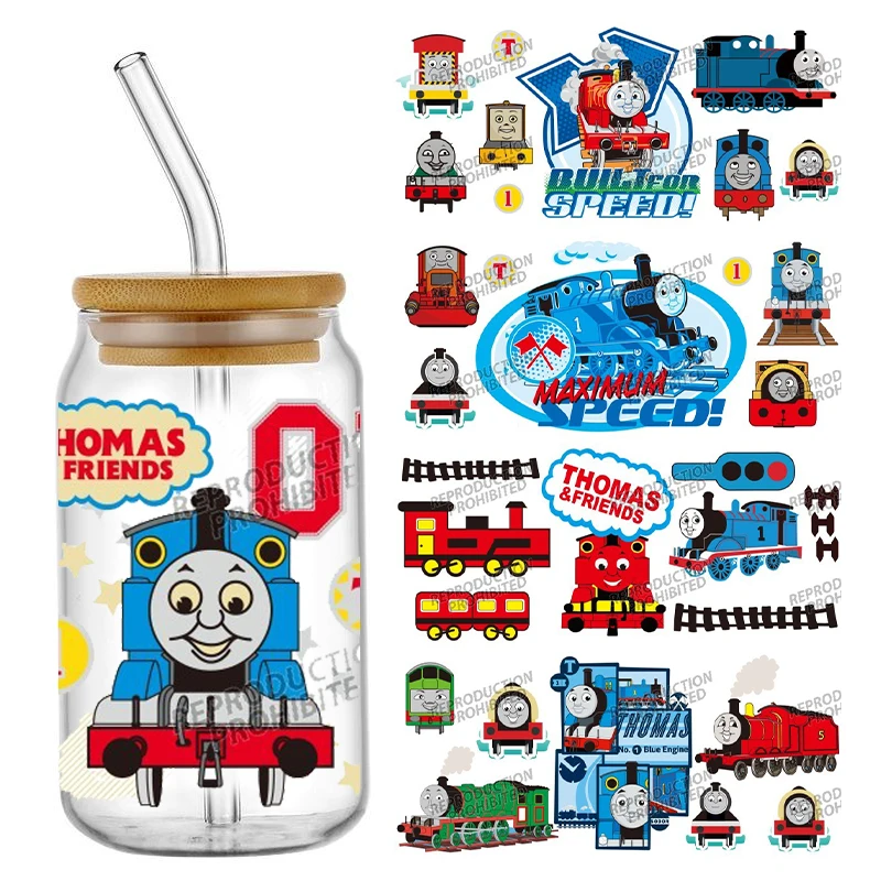 الكرتون قطار توماس UV DTF نقل ملصق ل 16 أوقية كوب يلتف الزجاج ليبي يمكن زجاجة ذاتية اللصق قابل للغسل لتقوم بها بنفسك الشارات المخصصة