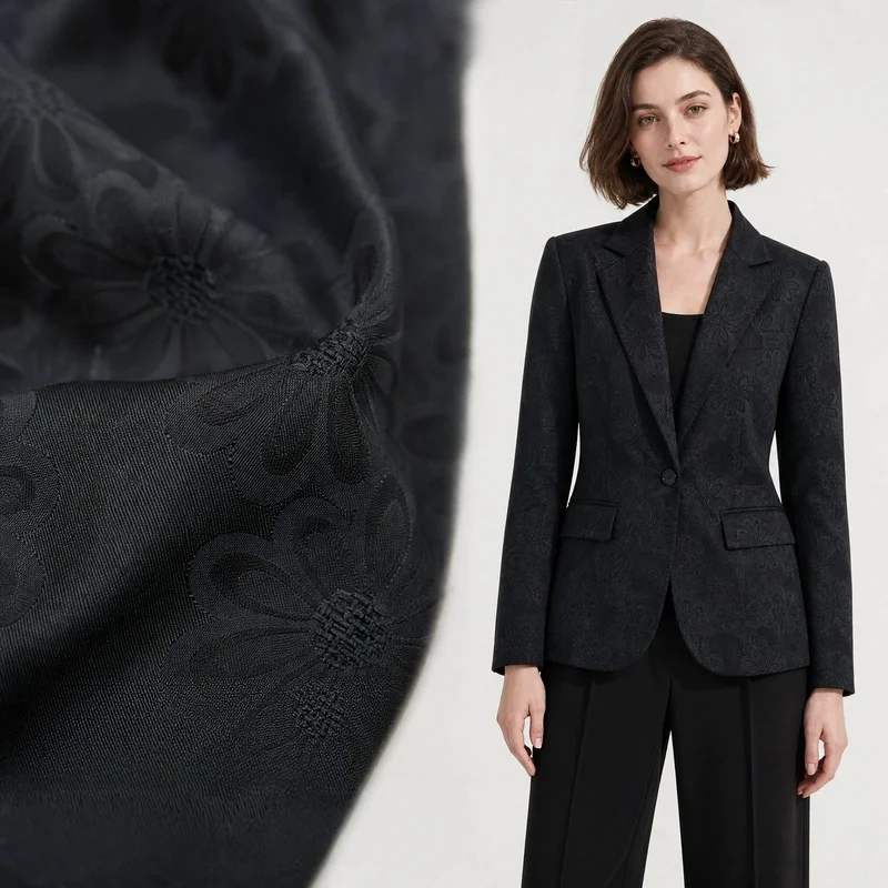 elegantly-draped-black-dark-patterned-daisy-jacquard-cotton-blend-fabric-for-jackets-suits-and-skirtsa