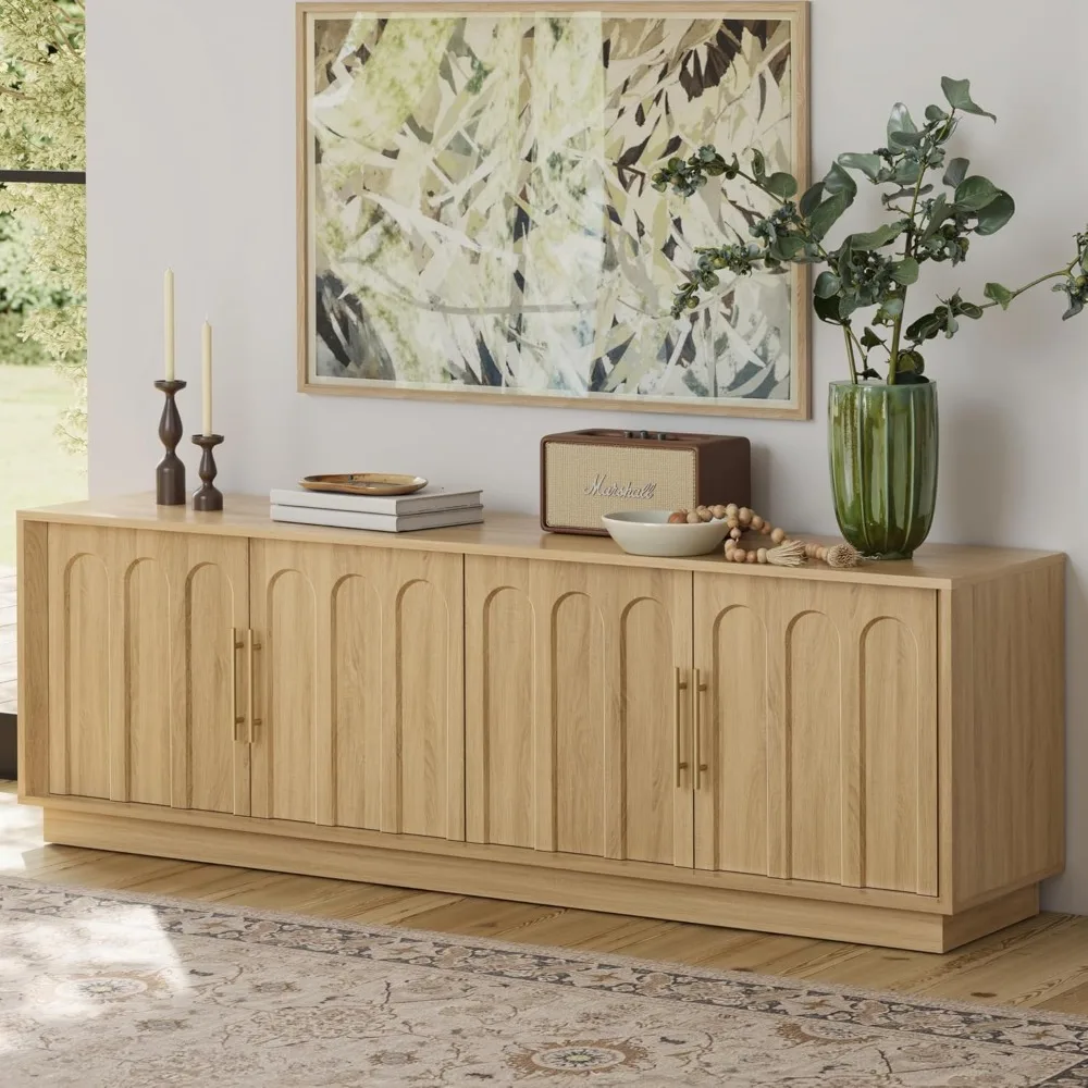 حامل تلفزيون للتلفزيون مقاس 75 بوصة، حامل تلفزيون حديث لمنتصف القرن بتصميم مقوس، لمسة نهائية من الحبوب الخشبية، لغرفة المعيشة وغرفة النوم