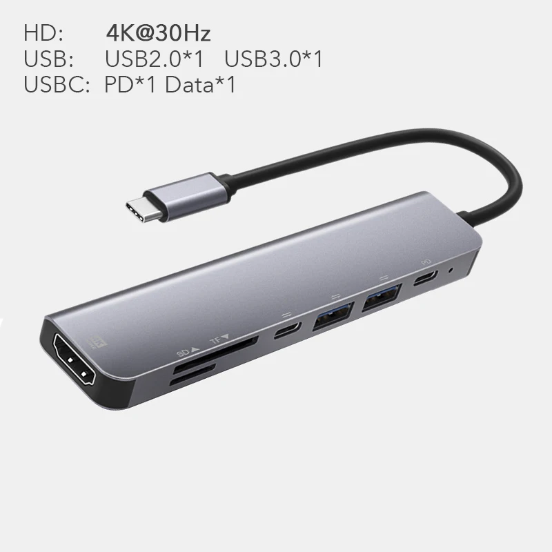 7-in-1 Typ C USB 3.1 HDTV 4K 30Hz Video USB 3.0 USB2.0 SD TF Kartensteckplatz Leser Daten USB-C PD Lade-Hub-Adapter für MacBook