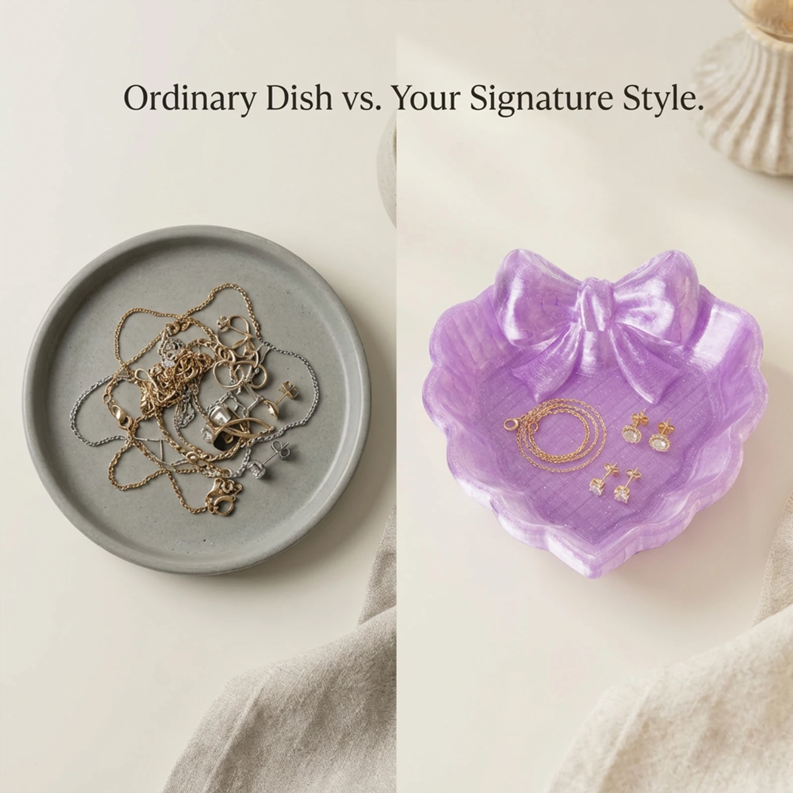 A Shiny Purple Heart-Shaped Jewelry Tray with a Bow, Made Using 3D Printing Technology, Suitable for Placing on a Dressing Table, Next to the Sink, or for Storing Jewelry It Is an Excellent Choice for Home Decor, Office Desks, and Jewelry Trays.