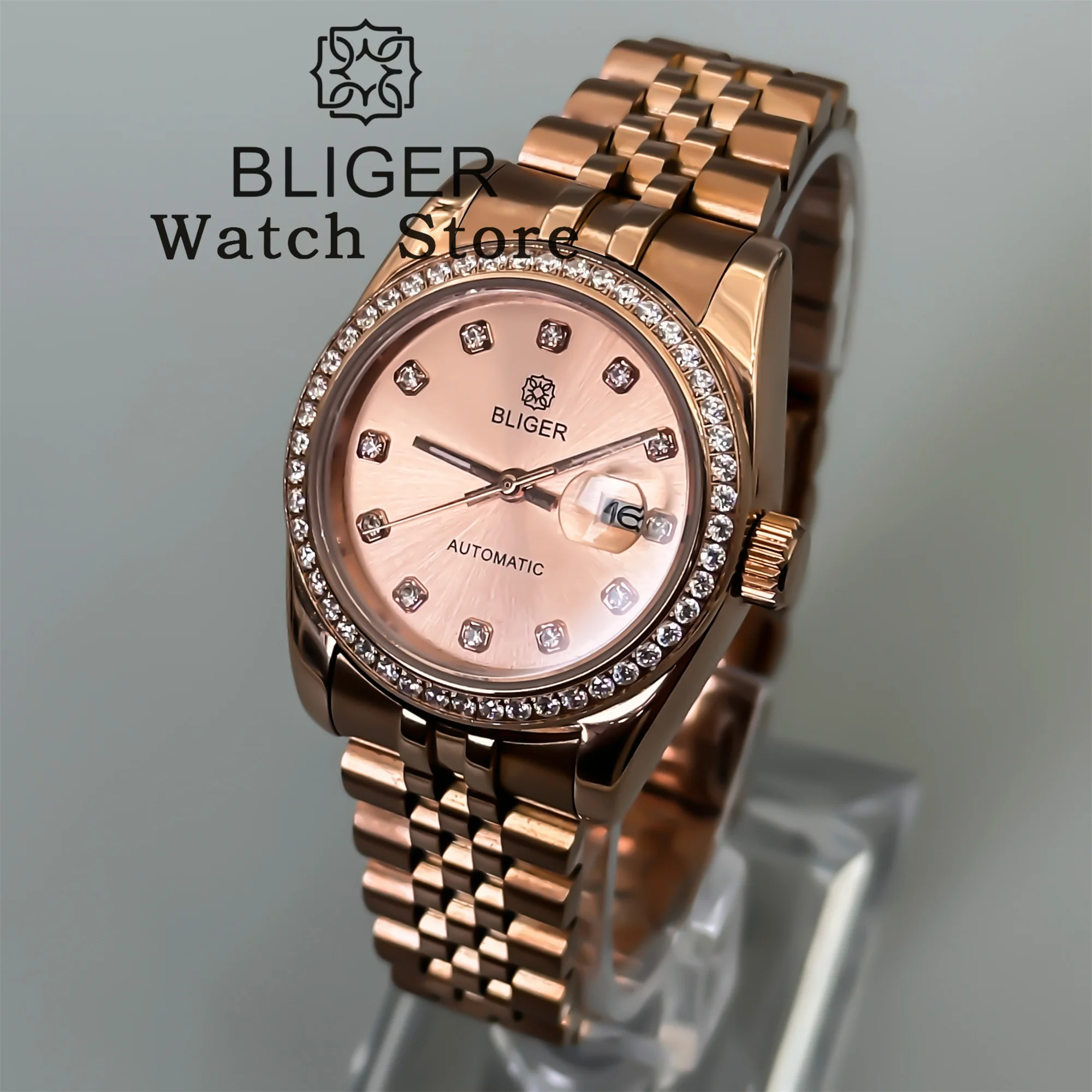 BLIGER 31mm Diamond Bezel Sunburst Dial Diamond Mark NH05 Automatic Women Lady Watch Sapphire Luxury Rose Gold Wristwatch
