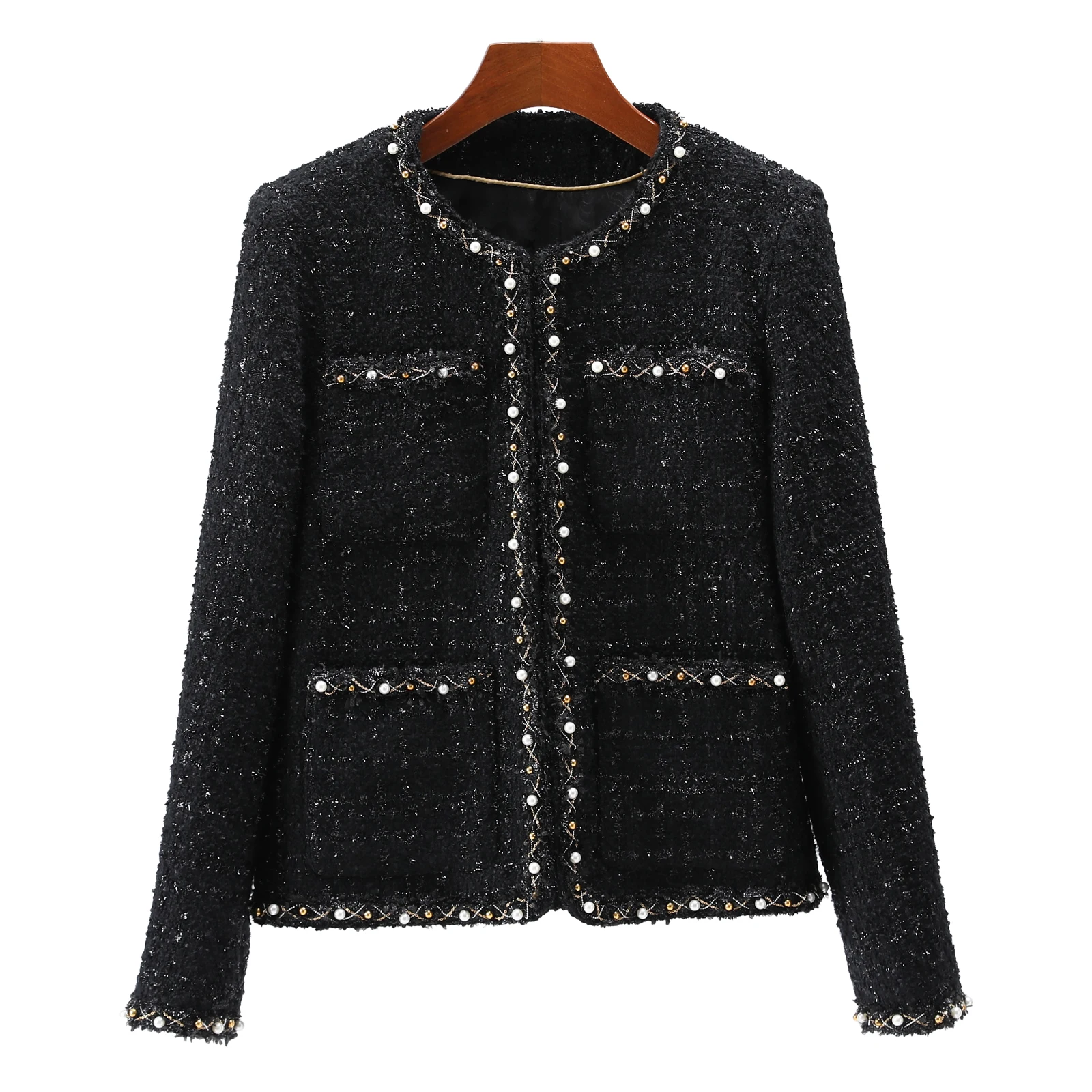 

2025 new fashion round neck elegant light luxury celebrity high-end heavy industry beading temperament design tweed jacket