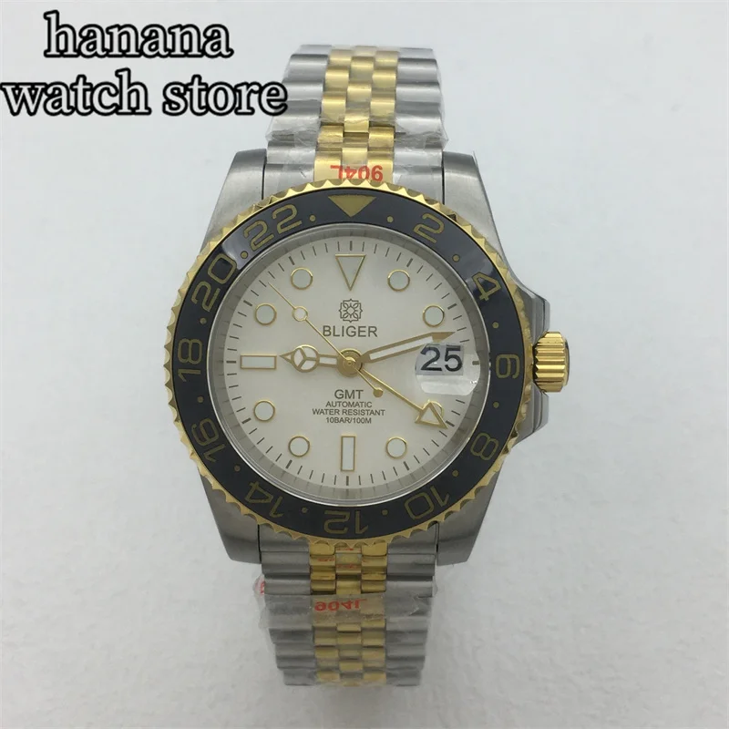 

40mm Gold and Silver Diving Automatic Men's watch NH34 GMT features a white dial gold index ceramic bezel and sapphire glass
