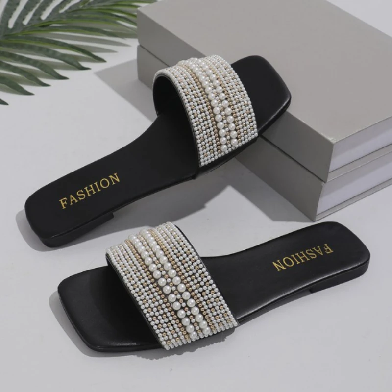 

Women Luxury Pearl Slippers Summer Square Toe Flats Slides Sandals Woman Non Slip Beach Flip Flops Big Size Zapatillas De Mujer