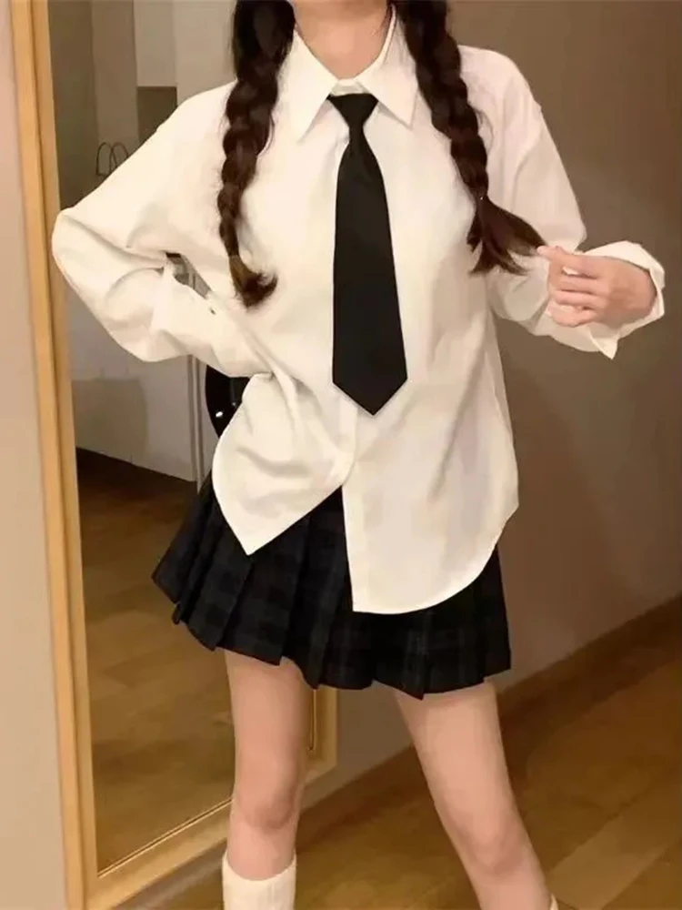 White Jk Women Shirt Tie Preppy Simple All Match Fall Loose Long Sleeve Blouse Daily Casual Fashion Japanese Uniform New Tops