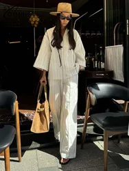 Oymimi Casual White Print Women's Two Pieces Set Fashion Three Quarter Sleeve Button Shirts And High Waist Straight Trousers Set