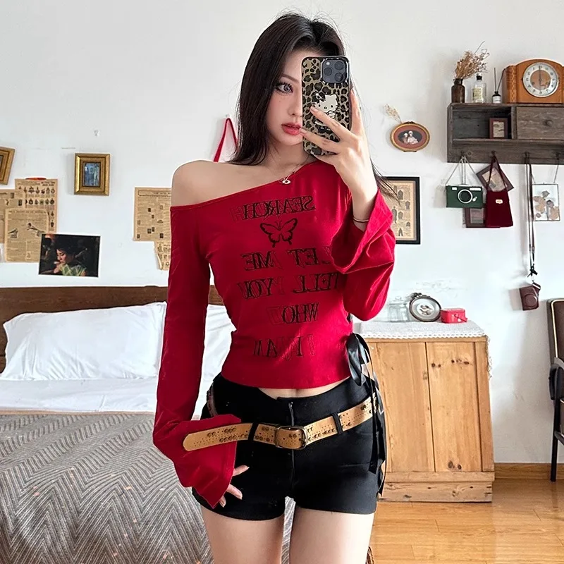 Long Sleeve Sexy Tshirts Women Letter Printed Female Crop Tops Hip Hop Y2K Autumn Girls Slim Tees Slash Neck Lace-up Streetwear