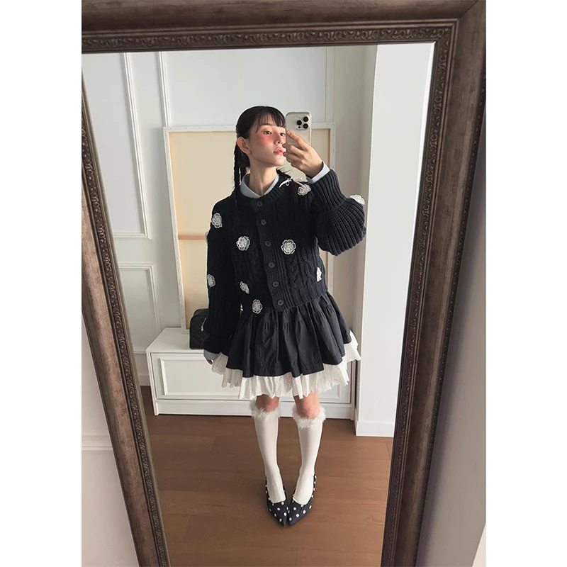 MEXZT خمر الأزهار سترة مشغولة من الصوف المرأة Harajuku اقتصاص سترة سوداء ملابس خارجية الشتاء الكورية تريكو تصميم لاعبا جديد