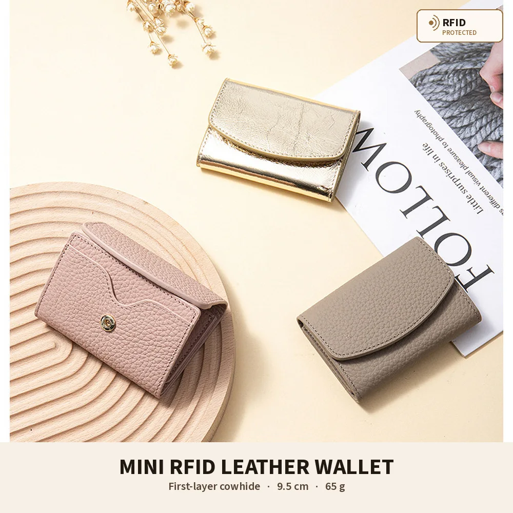 Genuine Leather Short Wallet Women Top Grain Cowhide Foldable Coin Purse Card Holder Snap Clasp