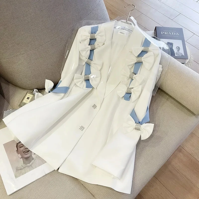 Elegant New Spring Autumn Womens Notched White Blazers Long Sleeve Design Bow Diamond Chic Lady Suit Outfit High Street Coats