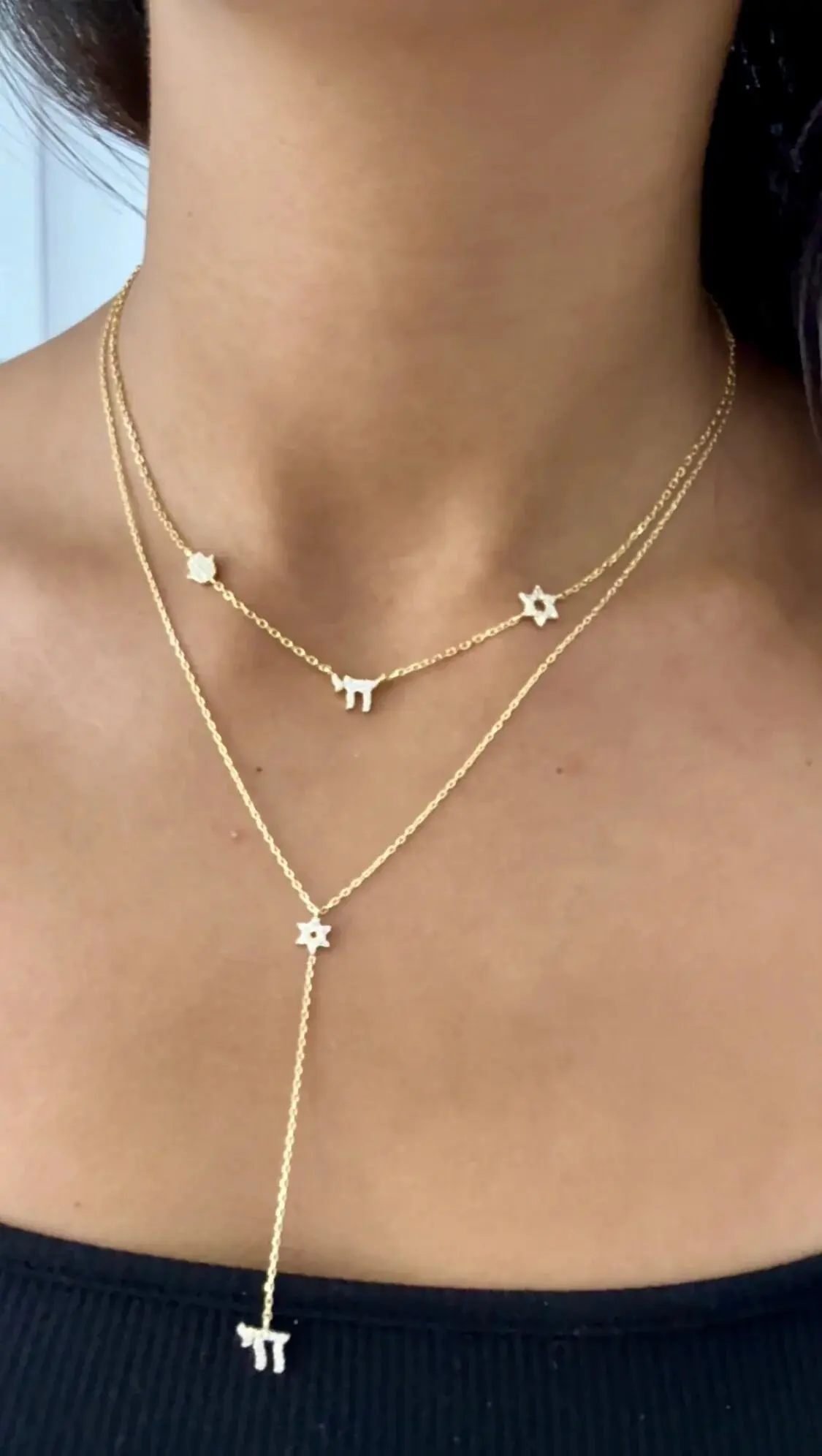 Elegant Hexagram Star Hebrew Chai Y Lariat Chain Necklace for Women Micro Paved Cubic Zirconia Gold Silver Color Party Wedding