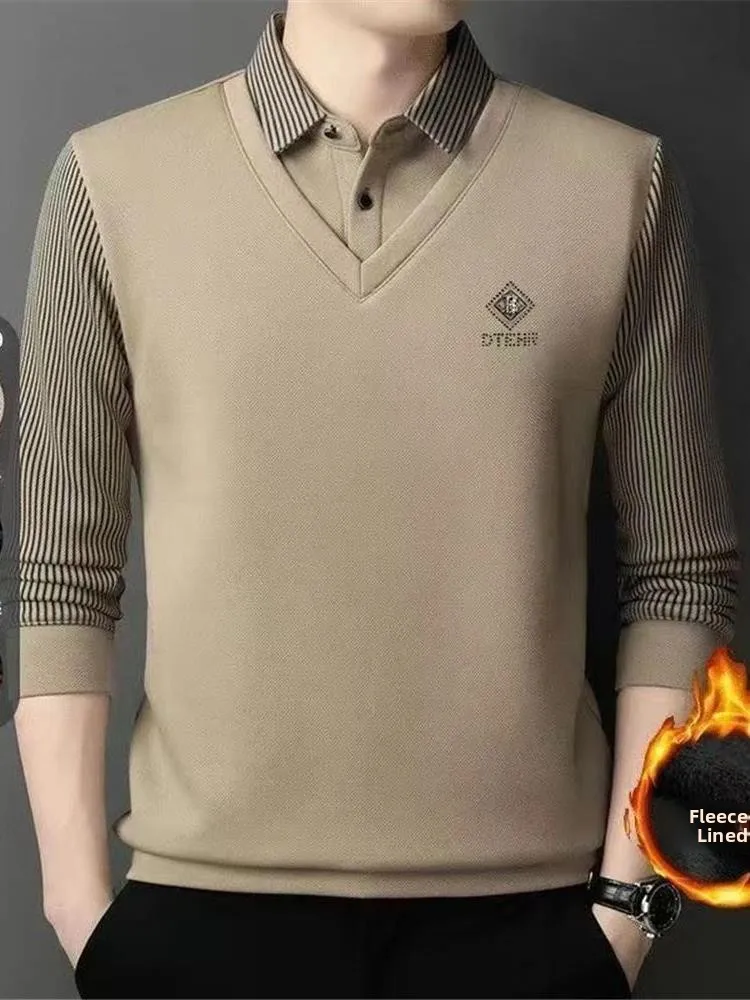 

Men's Winter Thickened Fleece Lined Shirt Fashionable Collar Stand up Base Layer Top Asymmetrical Design Antibacterial Long S...