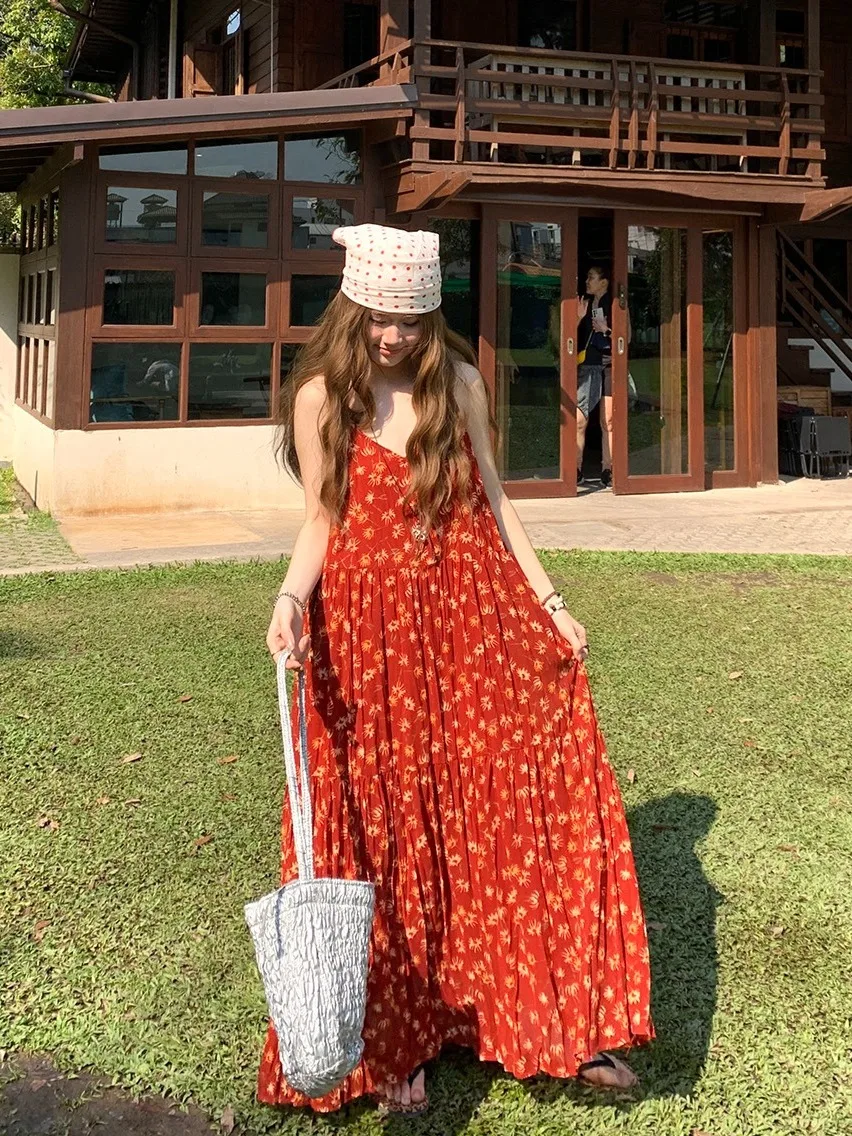 

plus Size Bohemian Red Floral Print Summer Dress Women's Maxi Dress Vacation Style Loose Fit Korean Commute Style V-Neck Slee...