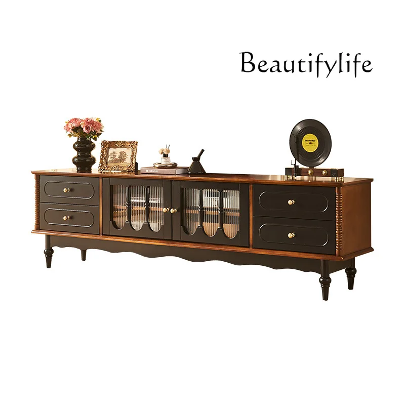 

French retro solid wood TV cabinet American living room double floor medieval four-bucket storage TV cabinet