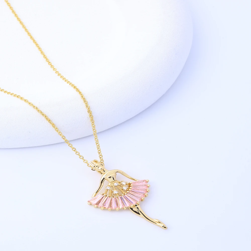 Elegant Ballet Girl Angel Pendant Necklace, 18K Gold Plated with Pink Zircon, Stylish Jewelry Decoration for Women