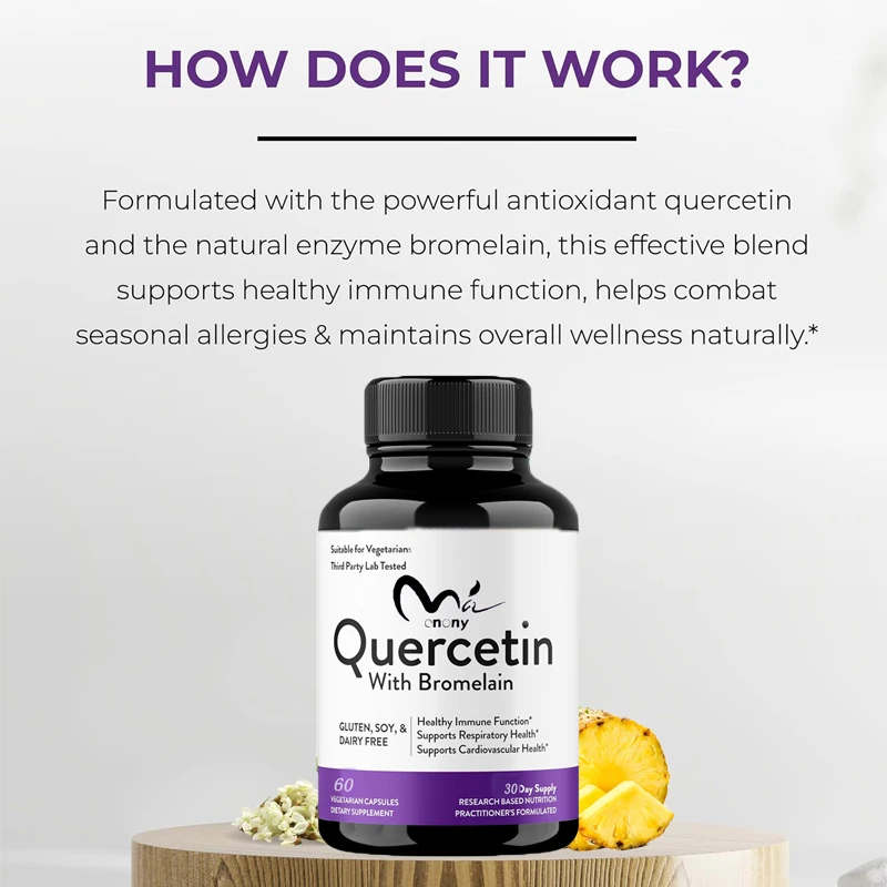 Quercetin contains 60 capsules of bromelain and flavonoid supplements for immune, cardiovascular, and respiratory health