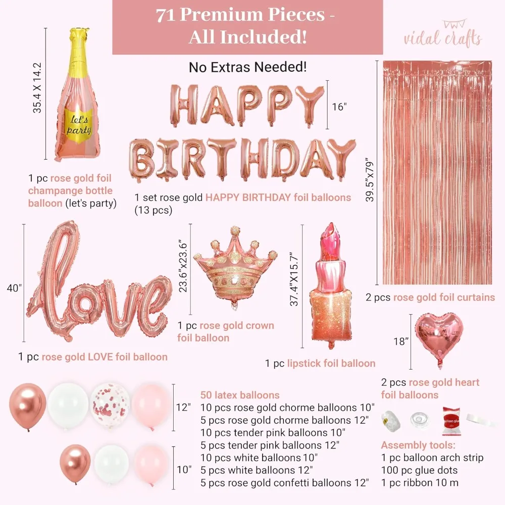 VIDAL CRAFTS 7 قطعة من زينة عيد الميلاد باللون الذهبي الوردي - خلفية للحفلات مع بالونات من اللاتكس والرقائق والقصاصات، وحول عيد ميلاد سعيد