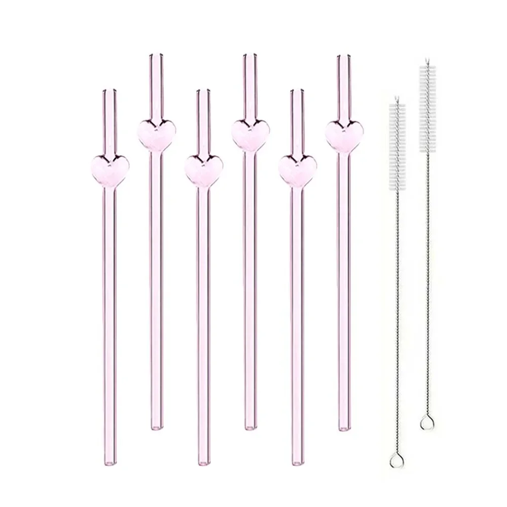 8pcs Heart-shaped Glass Straws Reusable Drinking Straw High Borosilicate Glass Tube Set for Milkshakes Juices Bar Accessory