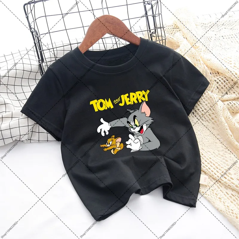 Tom and Jerry Cute T-shirts Boys Girls Summer Clothes Cartoon Anime Pattern Printed Short Sleeve Comfortable Breathable T-shirt