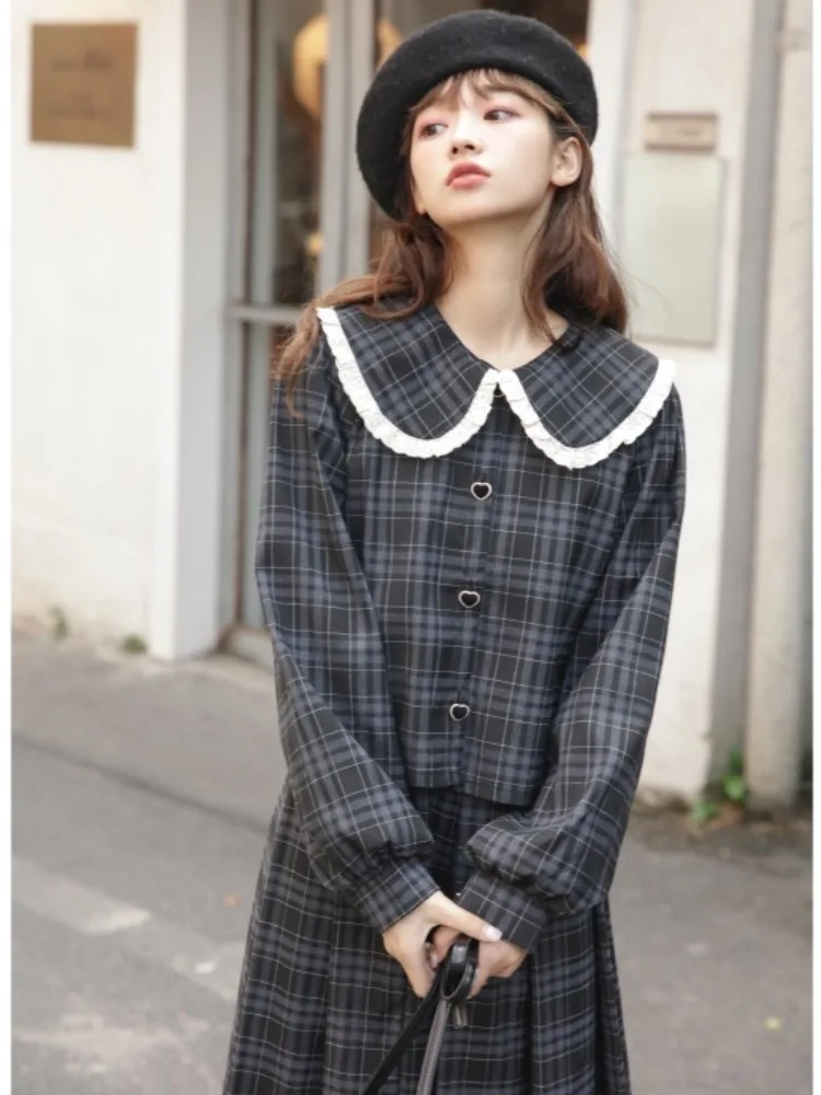 Women's Plaid 2-piece Set Skirt Doll Collar Long-sleeve Shirt High-waistea-line Pleated Skirt Retro Japanese-style Autumn Outfit