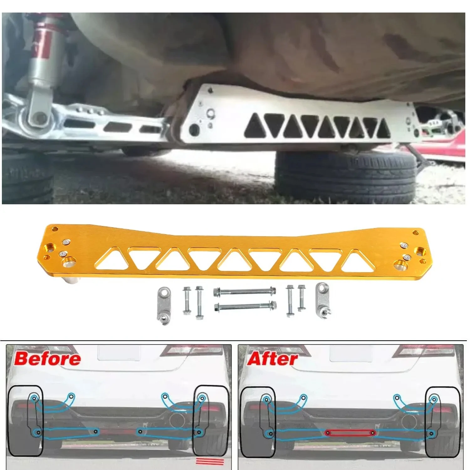 Billet Aluminium REARSUBFRAME BRACE+TIE BAR+Rear Lower ControlArm For Honda Civic EG 92-95 Silver/Gold/Red