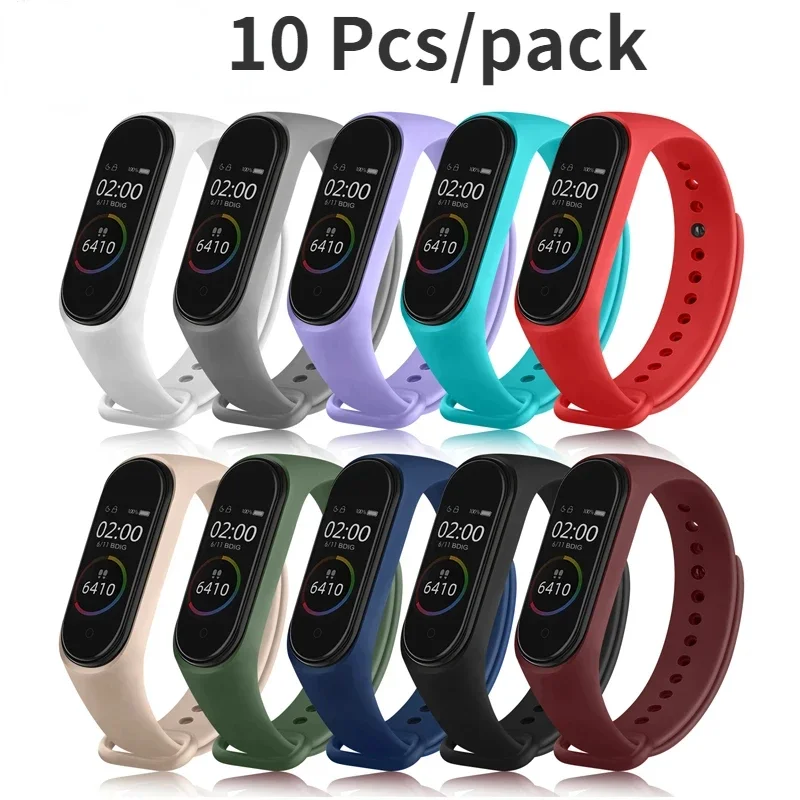 สายนาฬิกาข้อมือสำหรับ Mi band 7 6 5 4 3, สายนาฬิกาข้อมือ Xiaomi Mi 10ชิ้นสายรัดข้อมือซิลิโคนสำหรับเล่นกีฬา