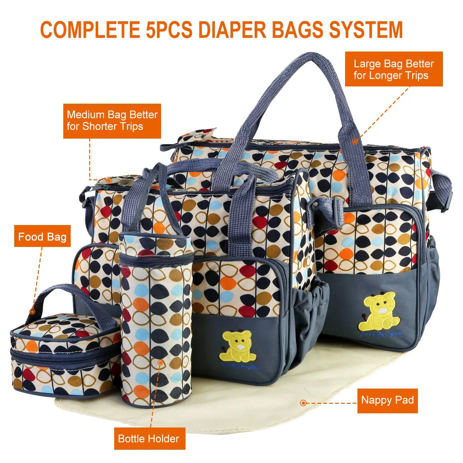 5PCS Diaper Bag Tote Set - Baby Bags for Mom (Gray)