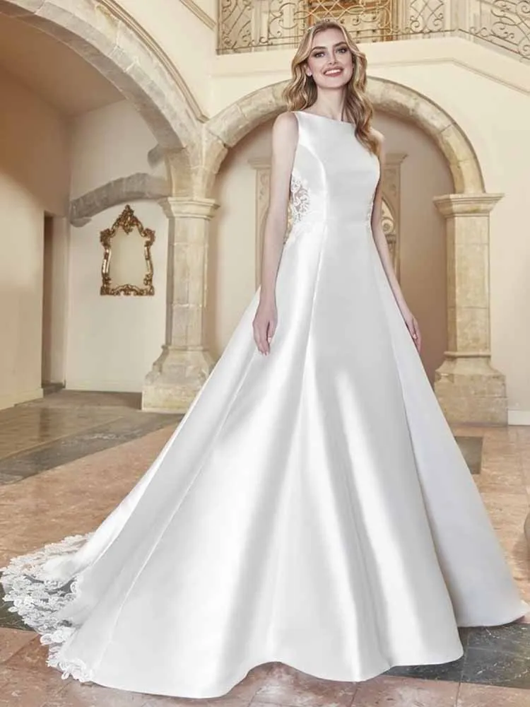 

Женские платья в стиле ретро, тренд 2025, атласные церковные свадебные платья трапециевидной формы цвета слоновой кости с вырезом лодочкой, кружевные пуговицы, свадебное платье с открытой спиной и хвостом