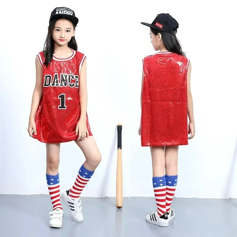 Girls Hip Hop Sequins Dance Costume Glitter Tank Top with Socks Children Kids Stage Performance Mordern Jazz Outfits 5-12 Years