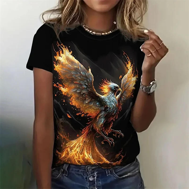 Phoenix Pattern T Shirt For Women Retro Gorgeous 3D Printed Short Sleeves Summer Leisure Tee Round Neck Tops T-Shirts Streetwear