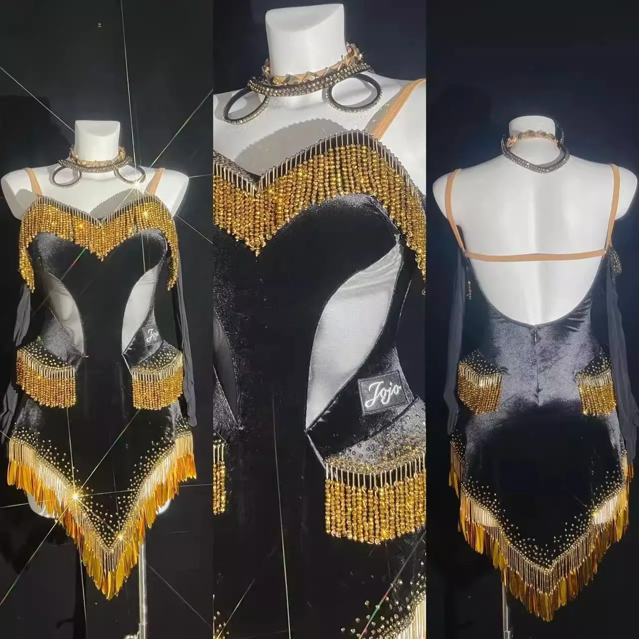 

Профессиональное платье для латиноамериканских танцев, высококачественное индивидуальное платье с золотыми бусинами и бахромой, ажурное платье для танго, сценический костюм для взрослых и детей