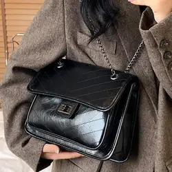 2024 Trendy Women's Black PU Leather Shoulder Bags Fashion Versatile Female Chain Crossbody Bags High-end Commuter Flap Handbags