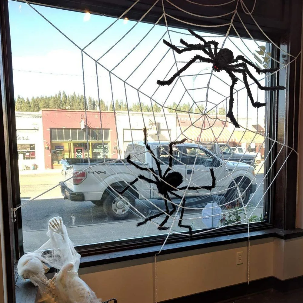 AB08-Halloween 12 FT Giant Round Spider Web And Fake Hairy Spider Props Scary Yard Door & Outdoor Decor With Stretch Cobweb
