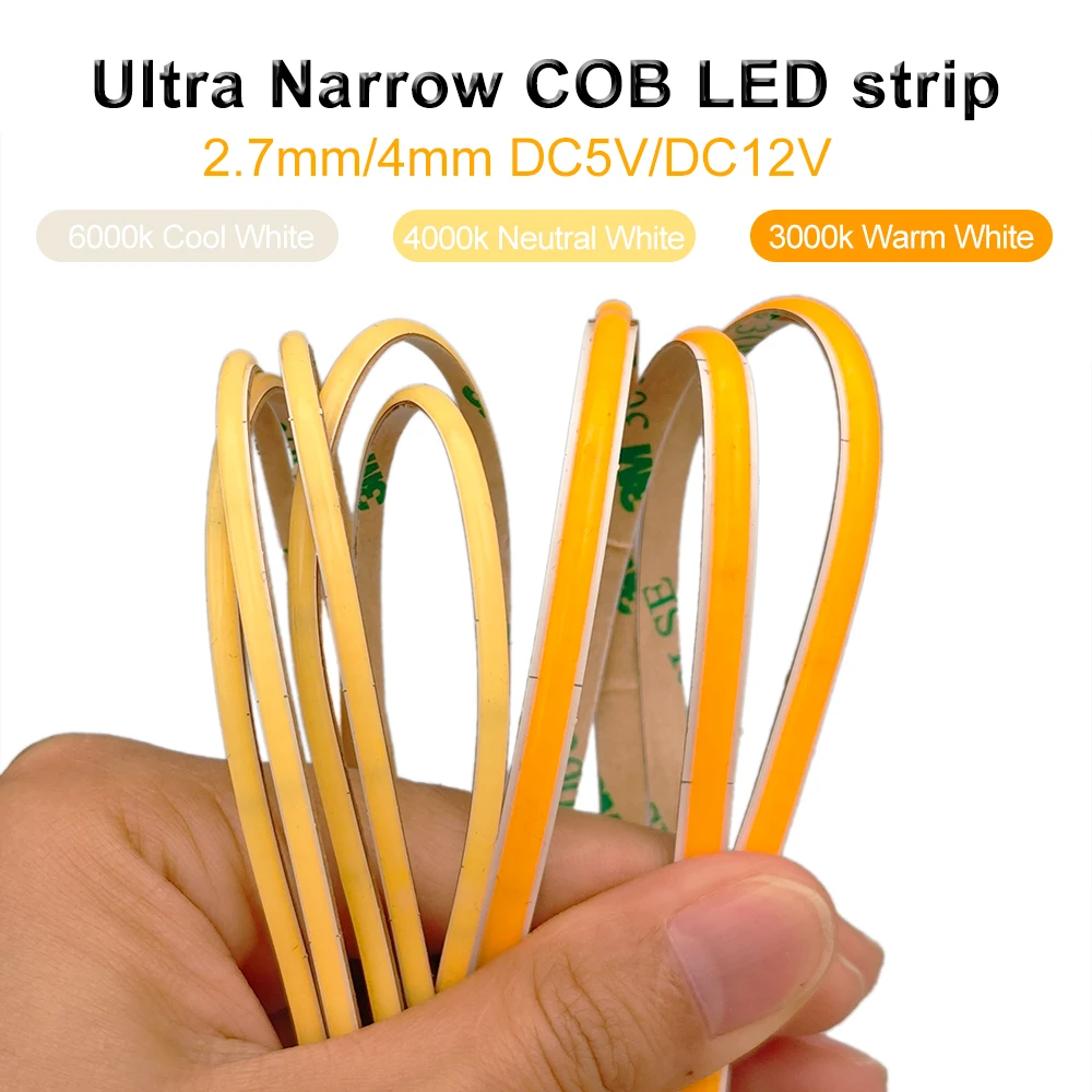 

2.7mm 4mm Ultra Narrow COB Strip Super Thin 480LEDs/m High Density Flexible FOB Light 3000K 4000K 6000K Linear Dimmable 5V 12V